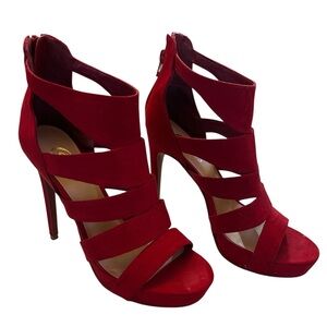 Candie's Red Faux Suede Gladiator wide strap peep toe 5”platform heels Size 8